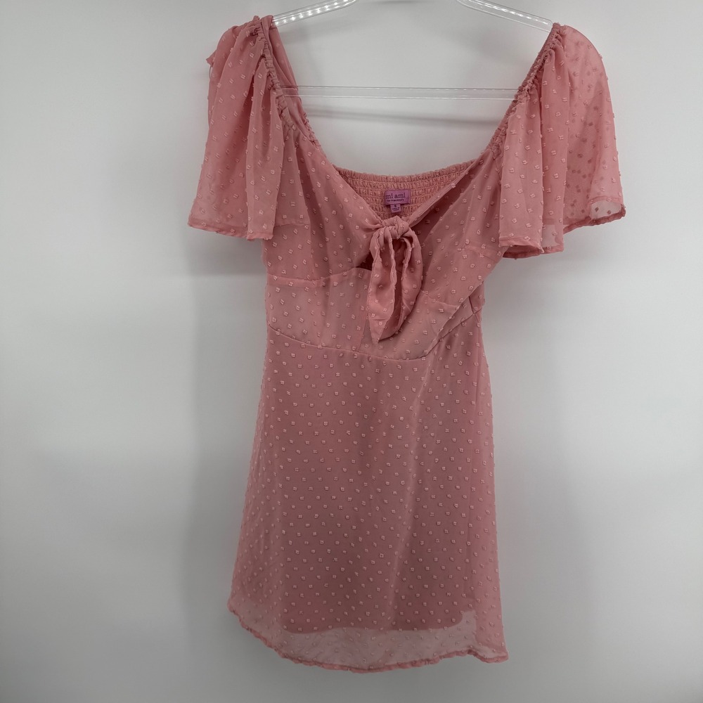 Miam For Francescas Pink Swiss Dot Tie Front Mini Dress Short Sleeve Smocked